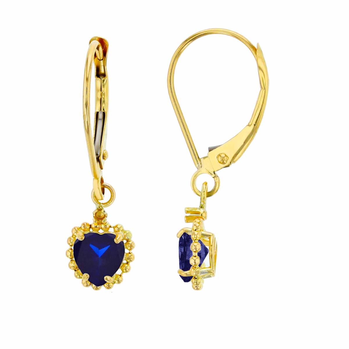 10K Yellow Gold 1.25mm Rd Created White Sapphire & 5mm Hrt Created Blue Sapphire Bead Frame Drop Lever-Back Earring