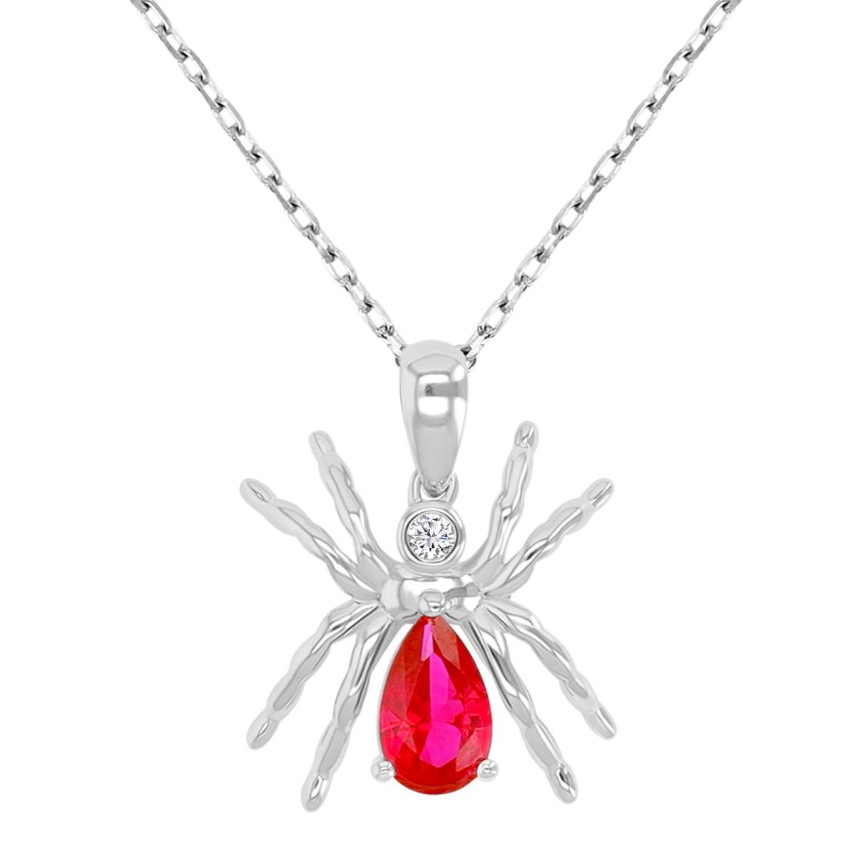 Sterling Silver Rhodium 8x5mm Pear Cut Created Ruby & 2mm Rd Created White Sapphire Spider Pendant
