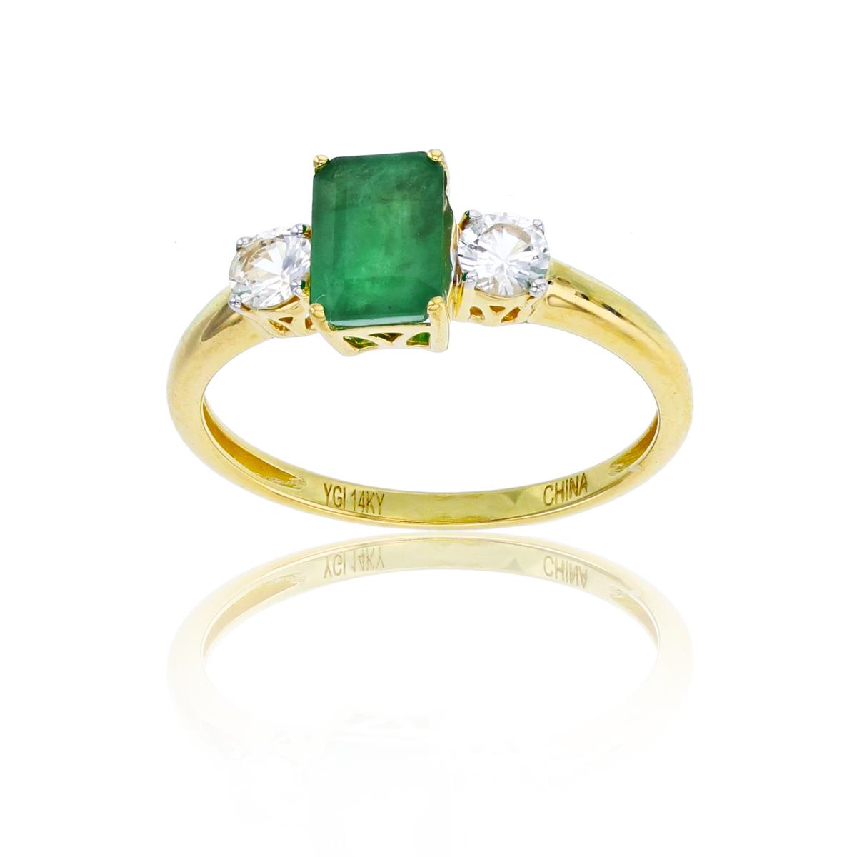 14K Yellow Gold 7x5mm Octagon Emerald & 3.5mm Rnd White Sapphire on Sides Ring
