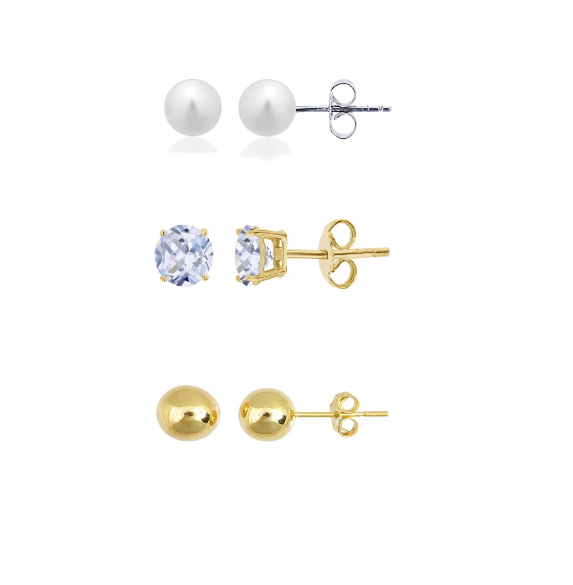 Sterling Silver FWP Button, Yellow AAA Rd Solitaire &  High Polish Ball Stud Earring Set