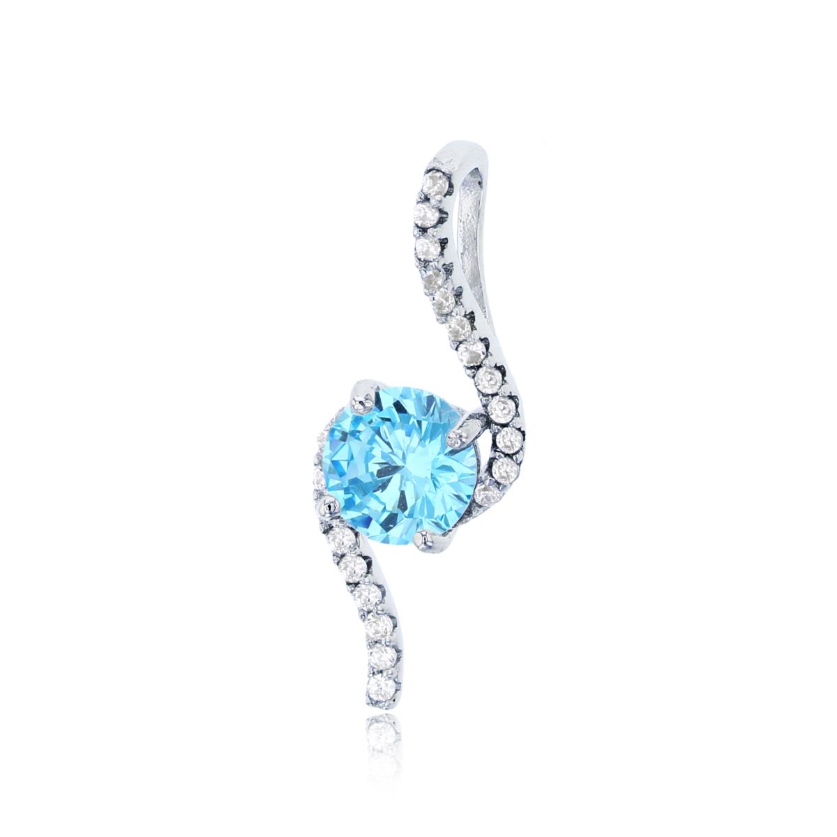 Sterling Silver Rhodium 6mm Sky Blue Round Cut & Micropave White CZ Bypass Curve Pendant