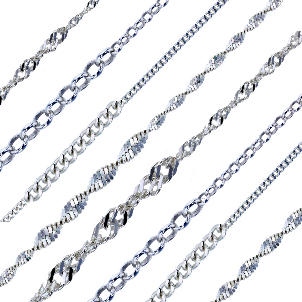 Sterling Silver E-coated 030 Rolo, 040 Singapore, 040 Curb & 025 Butterfly 9"+1" & 18" Chains (Set Of 8)