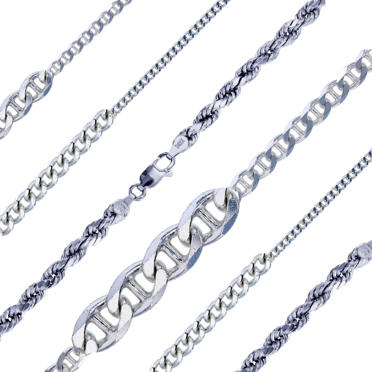 Sterling Silver Silver-Plated Ecoat 4.60mm Mariner 8" & 20", 1.35mm Curb 8" & 30",1.55mm Rope 8" & 24" Chains (Set Of 6) 