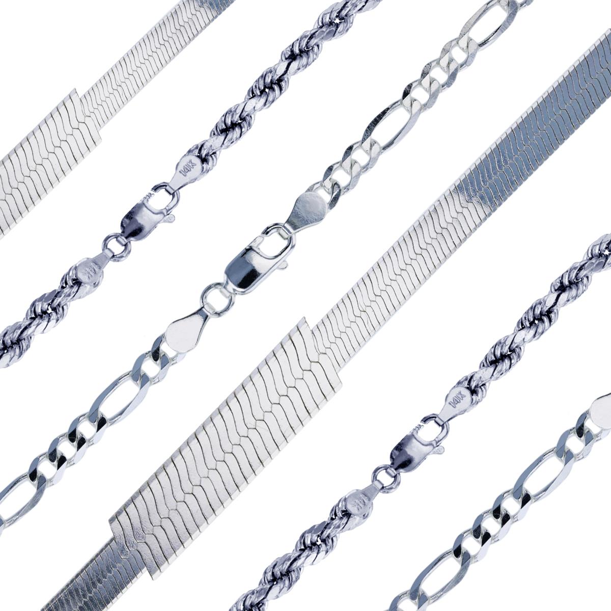 Sterling Silver Silver-Plated 4.50mm Herringbone, 1.55mm Rope & 3.00mm Figaro 7.25" & 18" Chains (Set Of 6)