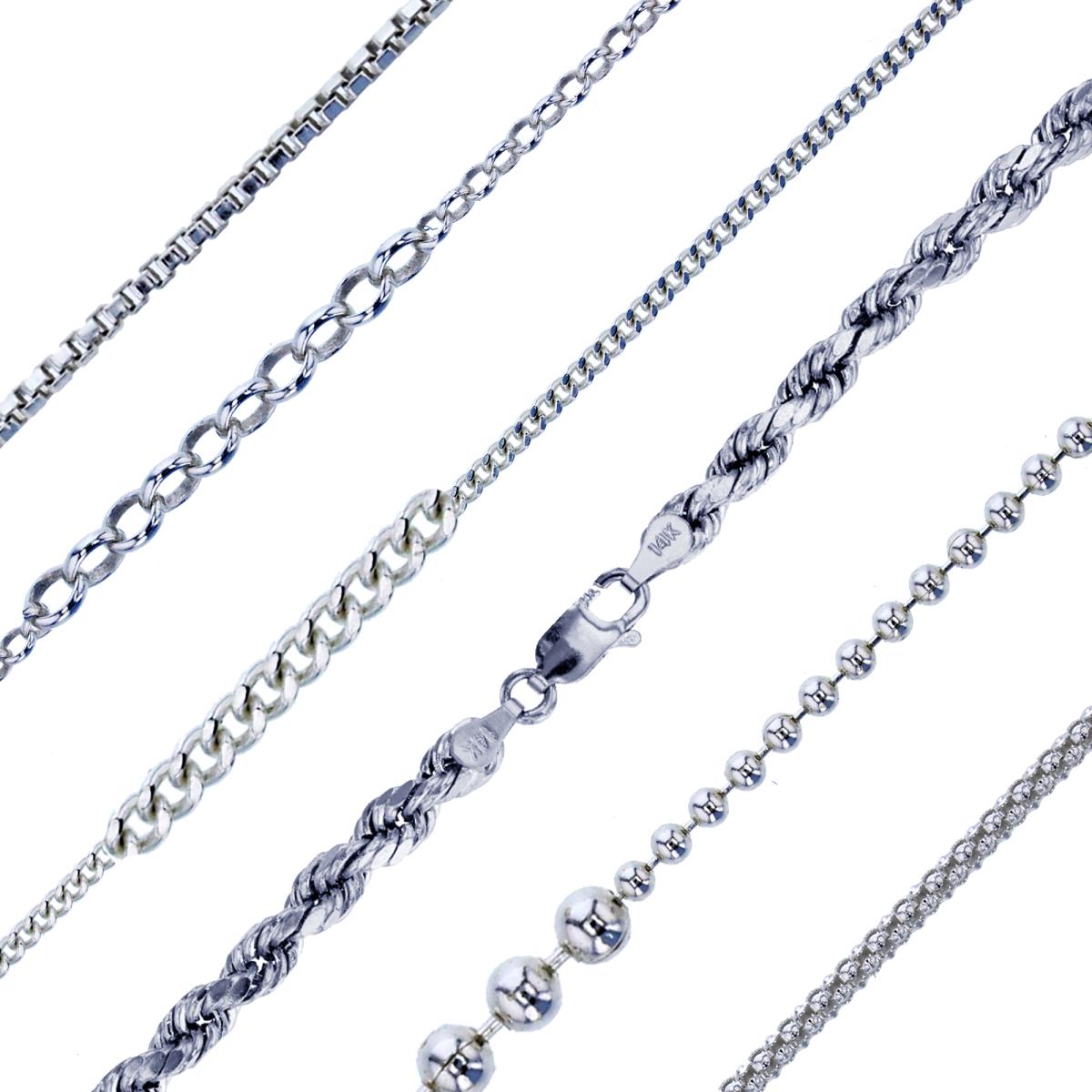 Sterling Silver E-coated 18" Box, 18" Rolo, 20" Curb, 20" Rope, 24" Bead, 24" Popcorn Chains (Set Of 6)