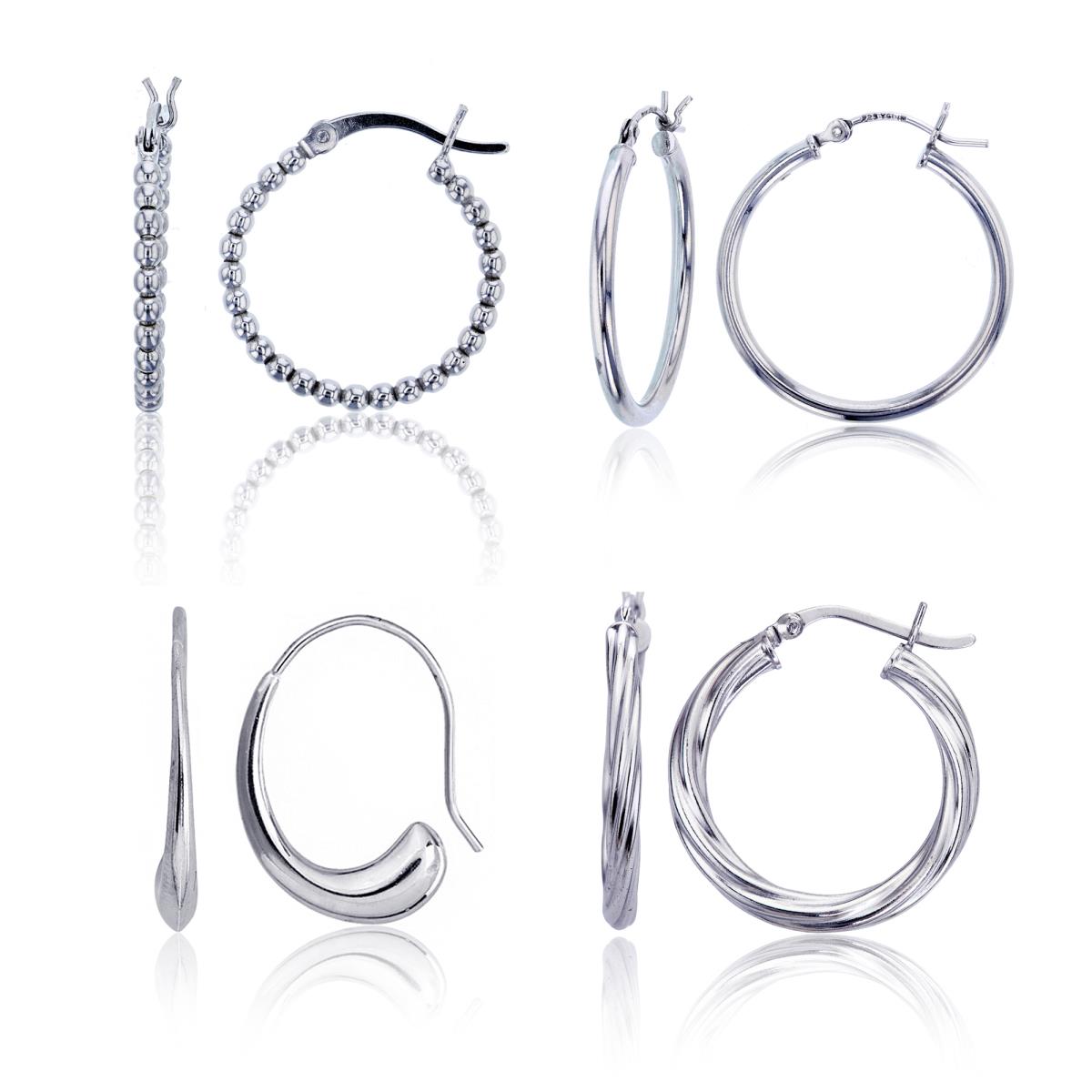 Sterling Silver Rhodium Beaded, Polished, Twist & Fish-Hook Hoop Earrings Set