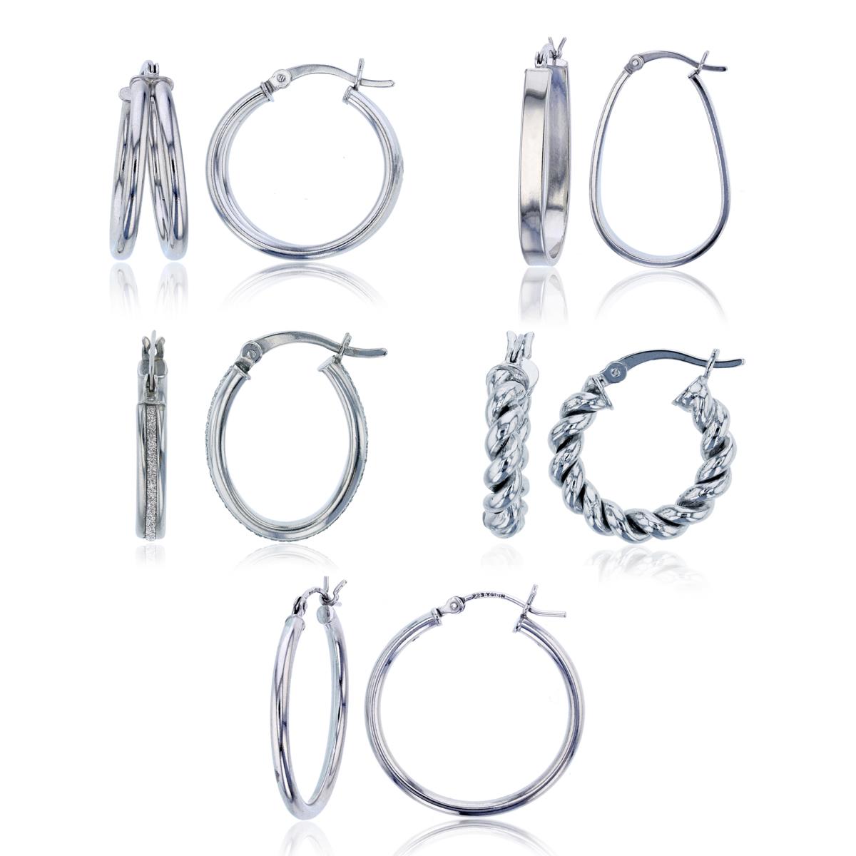 Sterling Silver Rhodium Double Round Tube, Oval, Glitter, Twisted & Polished Hoop Earring Set