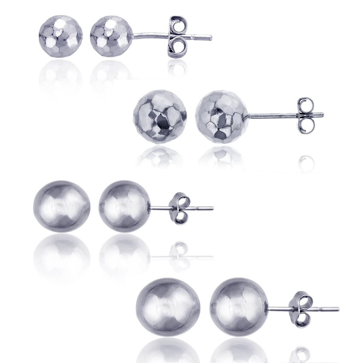 Sterling Silver Rhodium 6mm & 8mm High Polished & Diamond Cut Ball Stud Earring Set