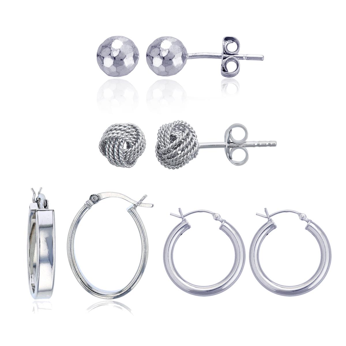 Sterling Silver Rhodium Polished, Oval Hoop with 6mm Disco Ball & Textured Knot Stud Earring Set