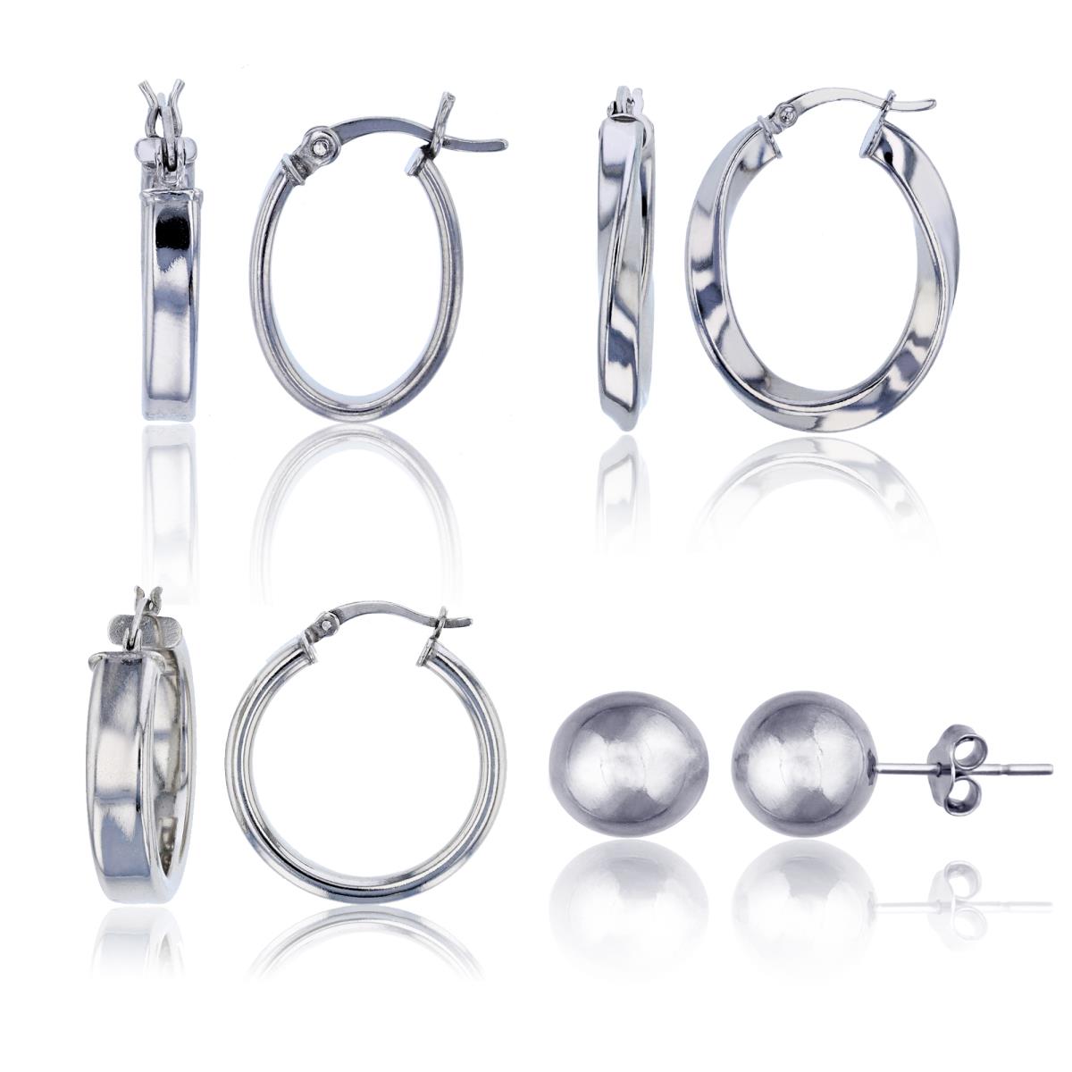 Sterling Silver Rhodium Polished Oval, Twisted ,Wedding Band Hoop & 8mm HP Ball Stud Earring Set
