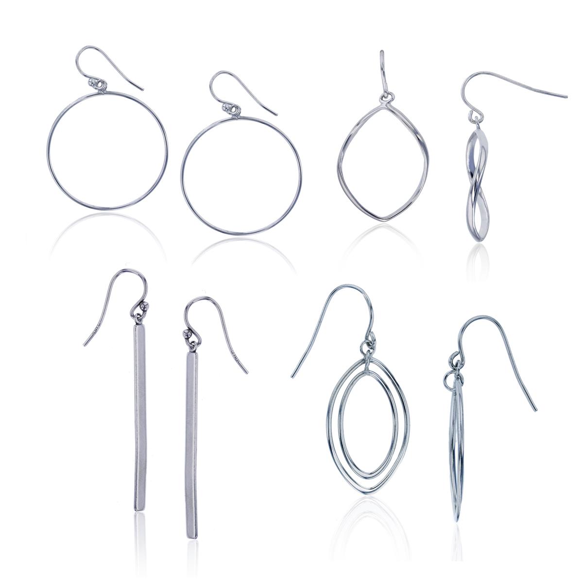 Sterling Silver Rhodium Open Circle, Dangling Stick, Double Open Marquise & Twisted Marquise Dngl Earring Set 
