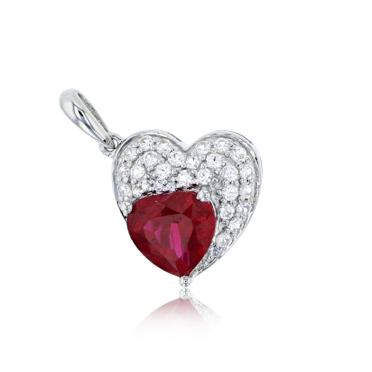 Sterling Silver Rhodium 8x8mm Hrt Cut Cr Ruby with 1.50mm & 1.00mm Cr White Sapphire Paved Heart Pendant