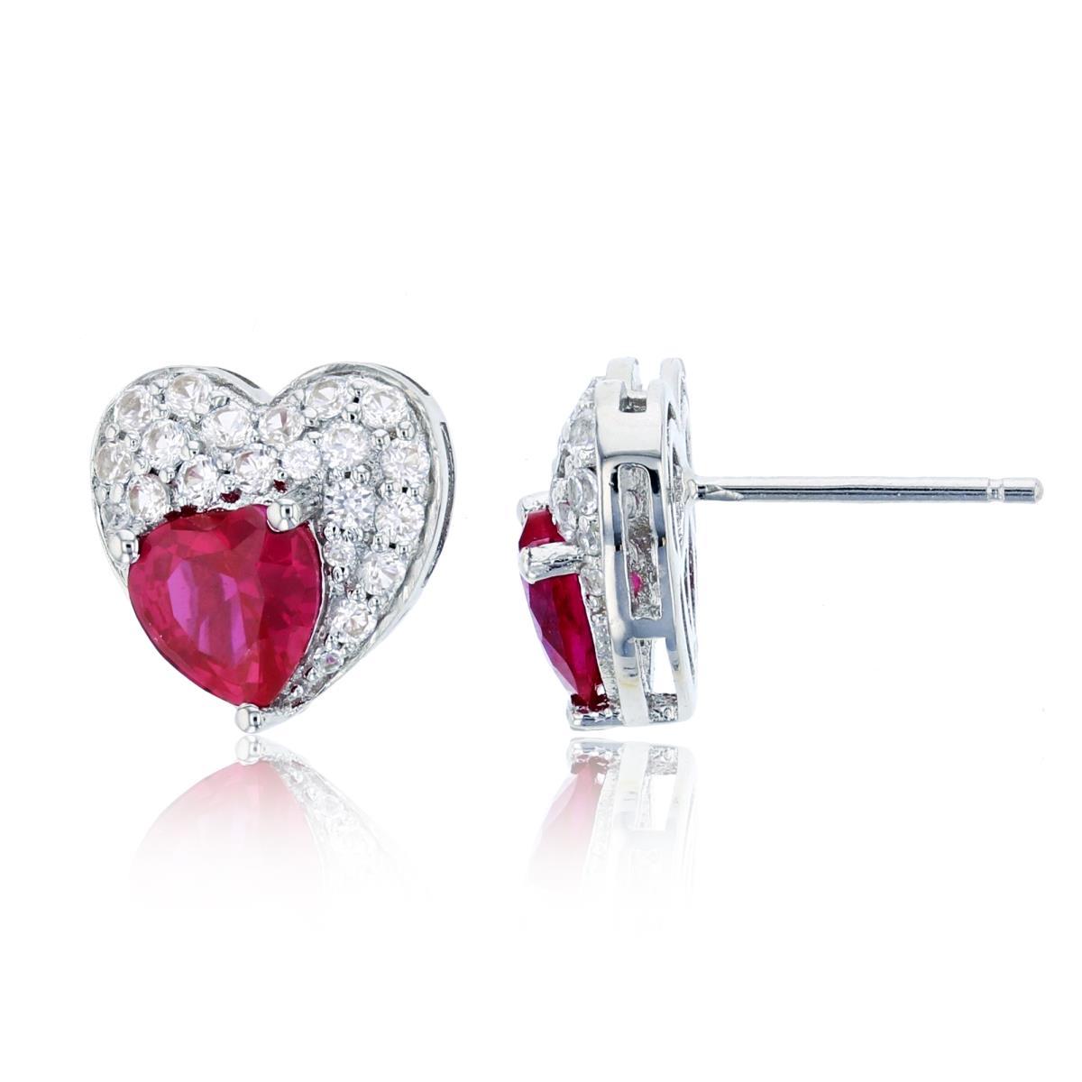Sterling Silver Rhodium 6mm Hs Cr Ruby & Cr White Sapphire Paved Heart Stud Earring
