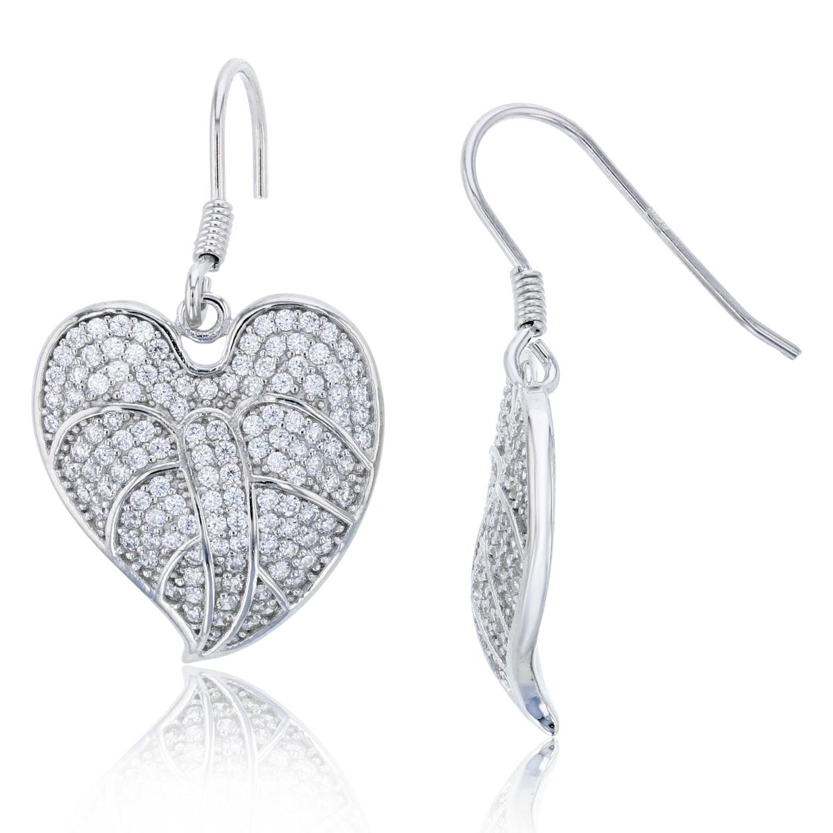 Sterling Silver Rhodium Micropave Butterfly Heart Dangling Fish-Hook Earring