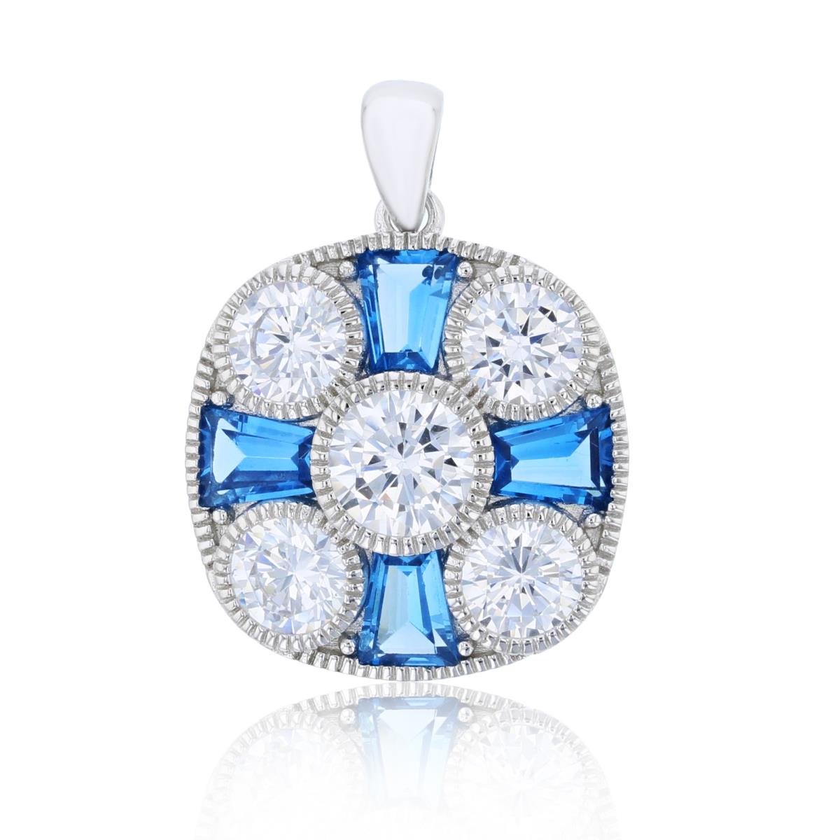 Sterling Silver Rhodium Blue Spinel Bgt & White Rd CZ Wheel Pendant