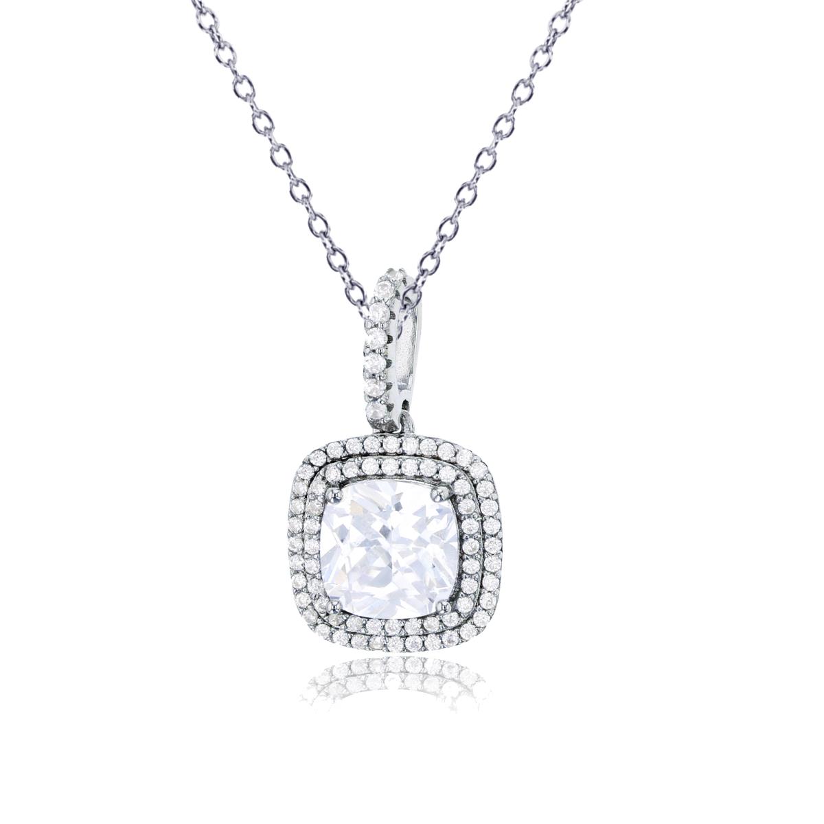 Sterling Silver Rhodium 8mm Cushion Cut CZ Double Halo 18" Necklace