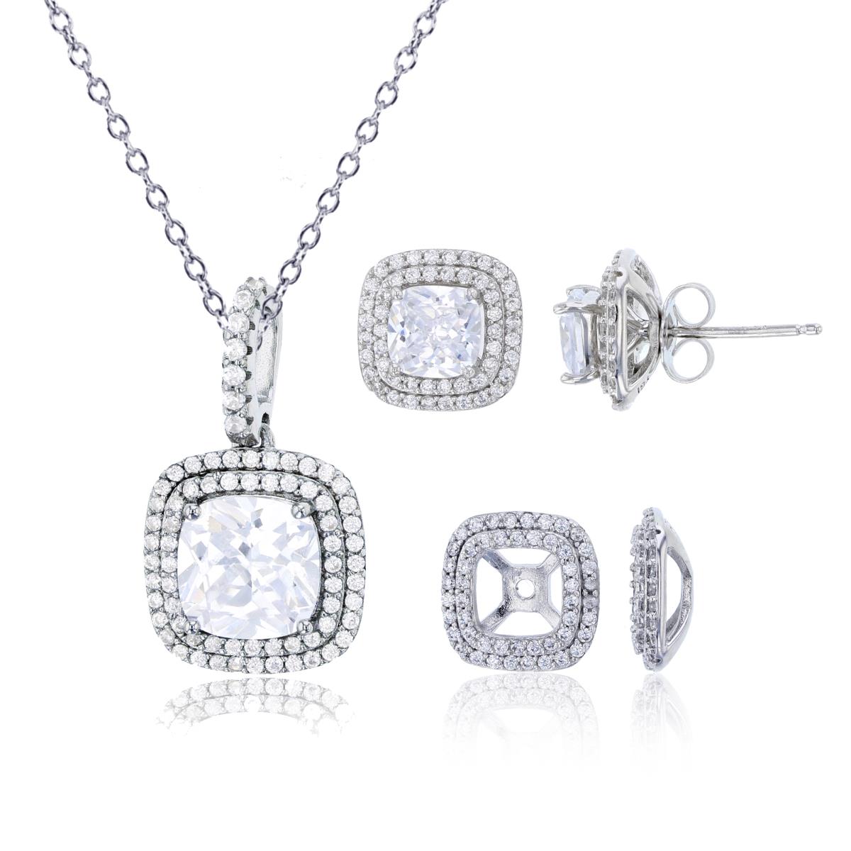 Sterling Silver Rhodium 8mm Cushion Cut CZ Double Halo 18" Necklace & Earring Set