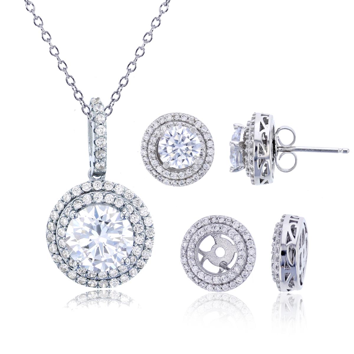 Sterling Silver Rhodium 8mm Rd Cut CZ Double Halo 18" Necklace & Earring Set