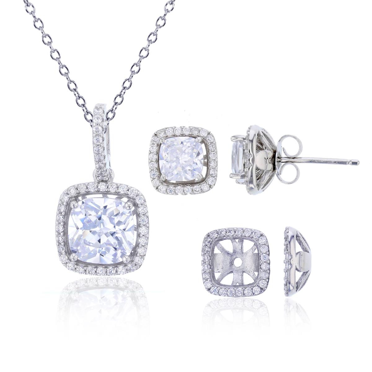 Sterling Silver Rhodium 8mm Cushion Cut CZ Halo 18" Necklace & Earring Set