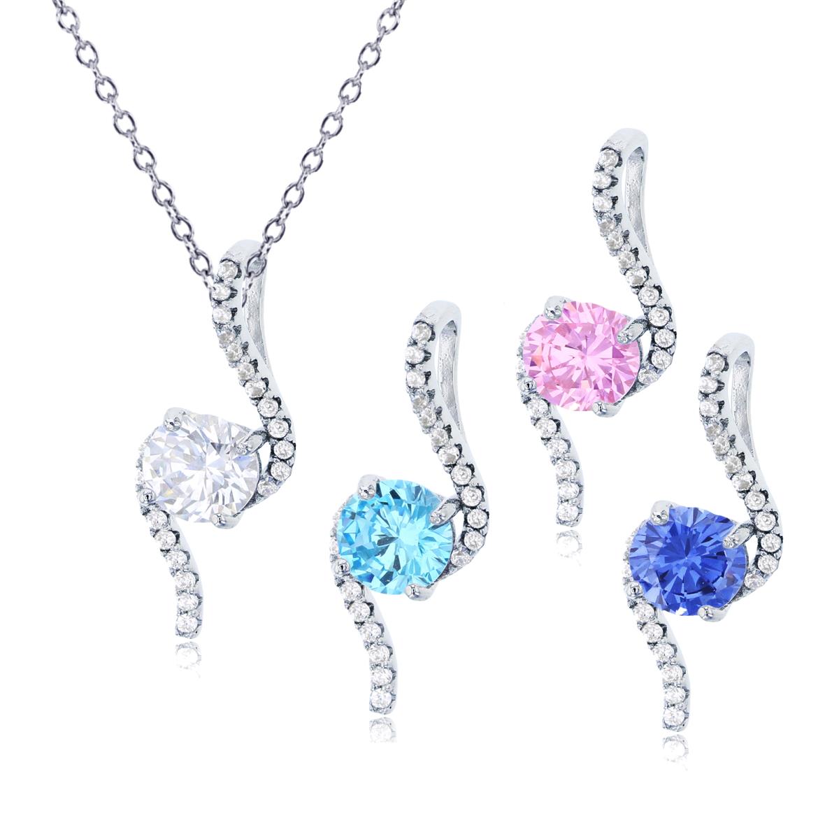 Sterling Silver Rhodium 6mm Multi-Color Rd Cut & Micropave Bypass Curve Pendants with 18" Rolo Chain Set