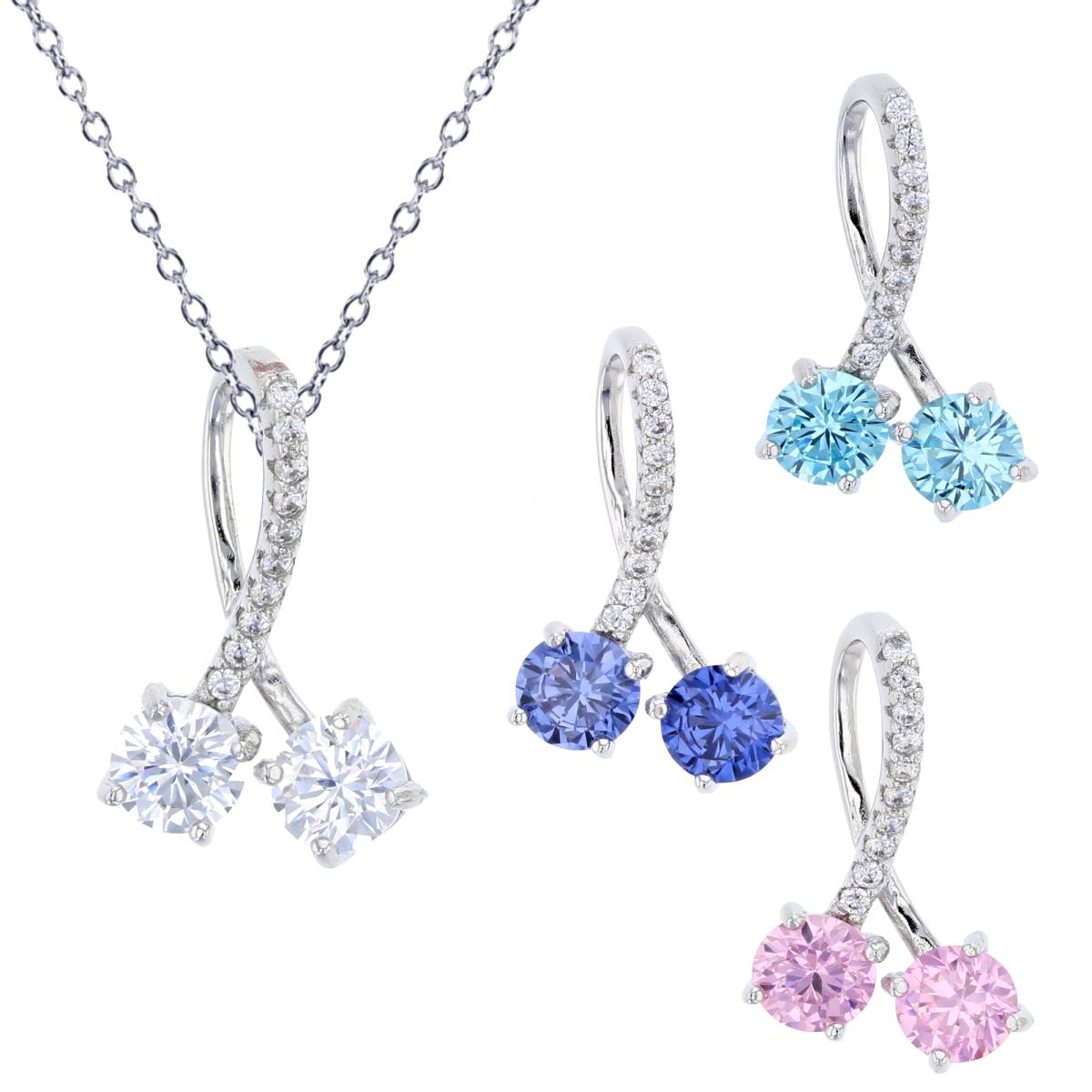 Sterling Silver Rhodium Multi-Color Cherry CZ Set Of 4 Pendants with 18" Rolo Chain