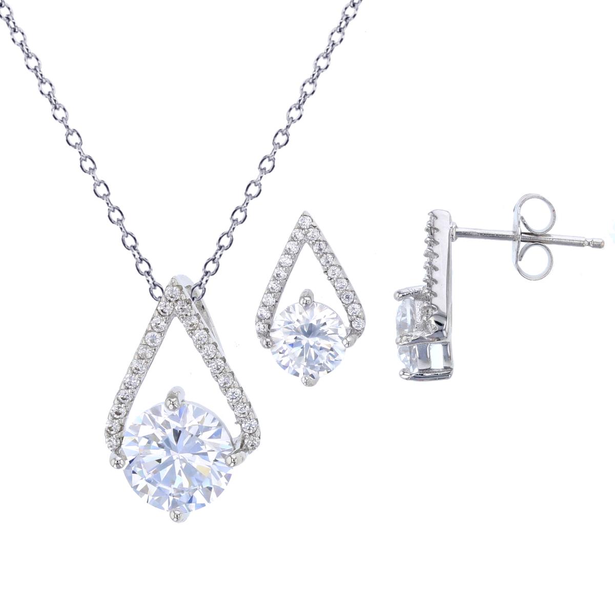 Sterling Silver Rhodium 8mm Rd Cut & Micropave CZ Open Triangle 18" Necklace & Earring Set