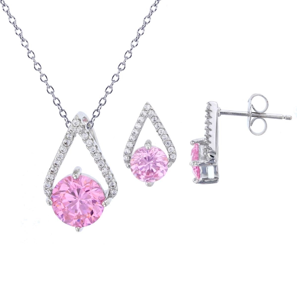 Sterling Silver Rhodium 8mm Pink Rd Cut & Micropave CZ Open Triangle 18" Necklace