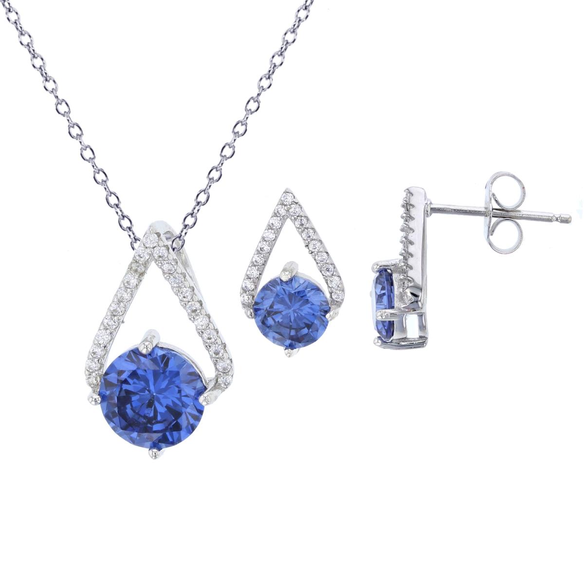 Sterling Silver Rhodium 8mm Tanzanite Rd Cut & Micropave CZ Open Triangle 18" Necklace & Earring Set