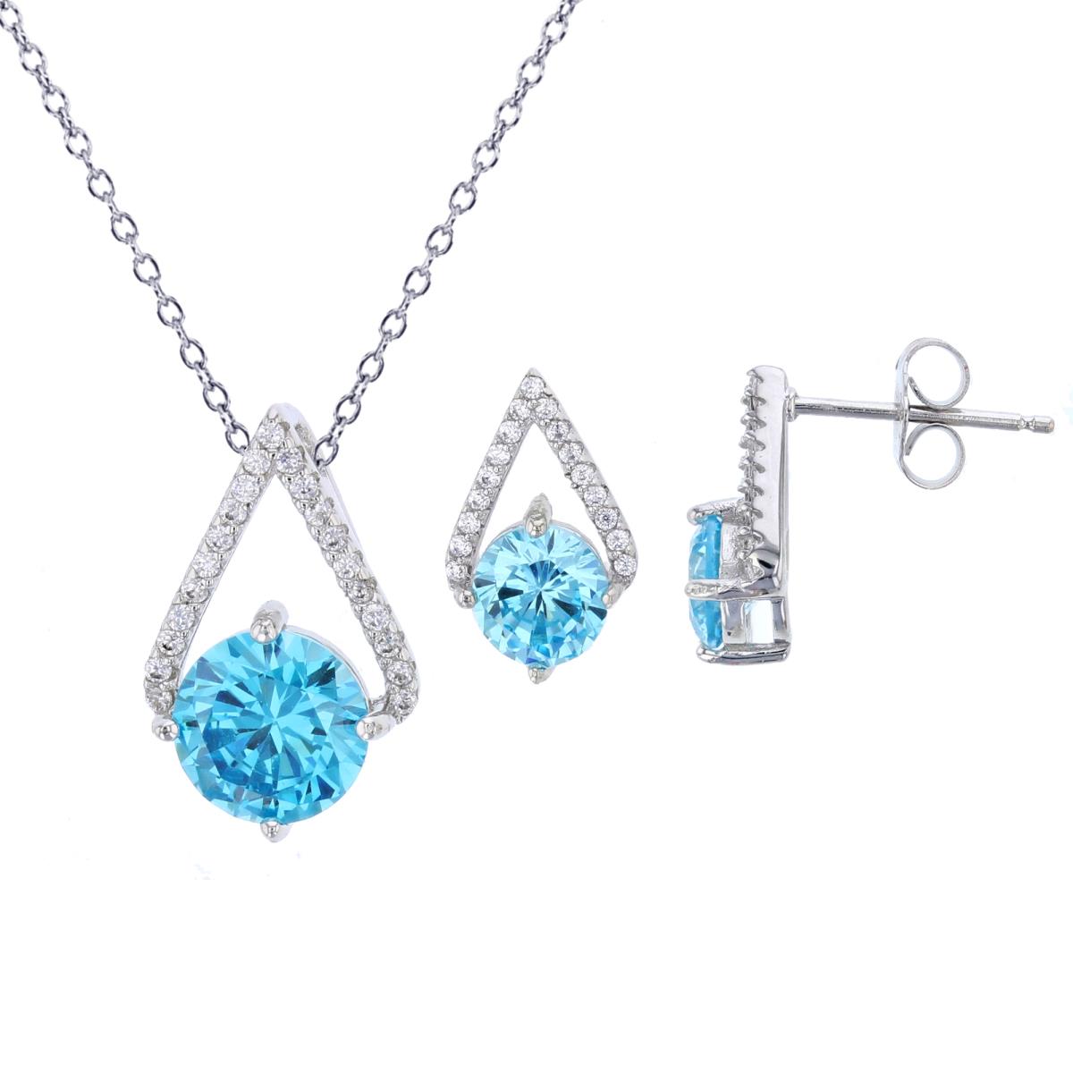 Sterling Silver Rhodium 8mm Aqua Rd Cut & Micropave CZ Open Triangle 18" Necklace & Earring Set