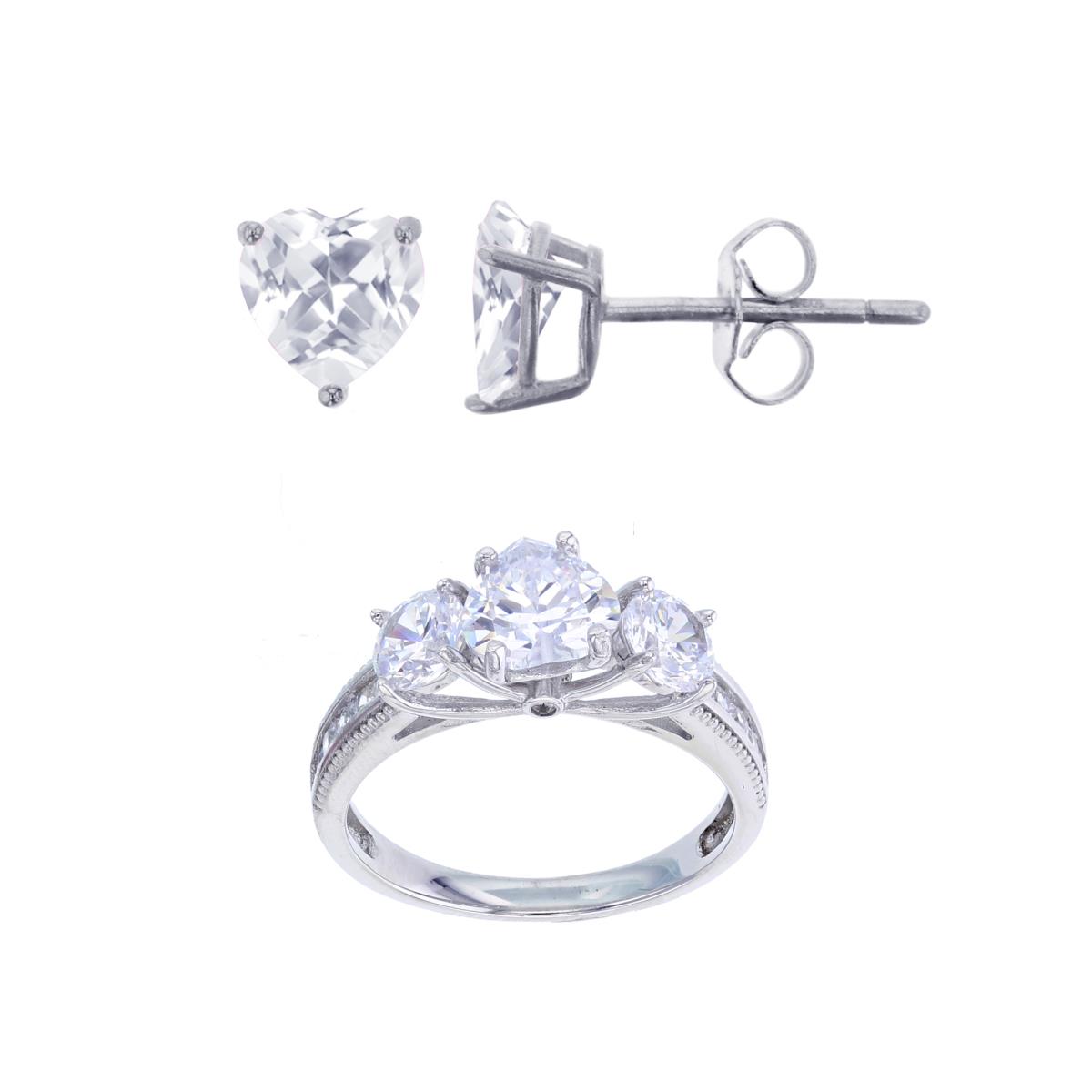 Sterling Silver Rhodium 3-Stone 7mm Hrt & 5mm Rd CZ Ring & 6mm Hrt Solitaire Stud Earring Set