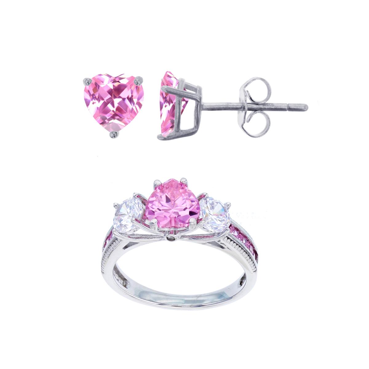 Sterling Silver Rhodium 3-Stone 7mm Pink Hrt & 5mm Rd CZ Ring & 6mm Pink Hrt Solitaire Stud Earring Set