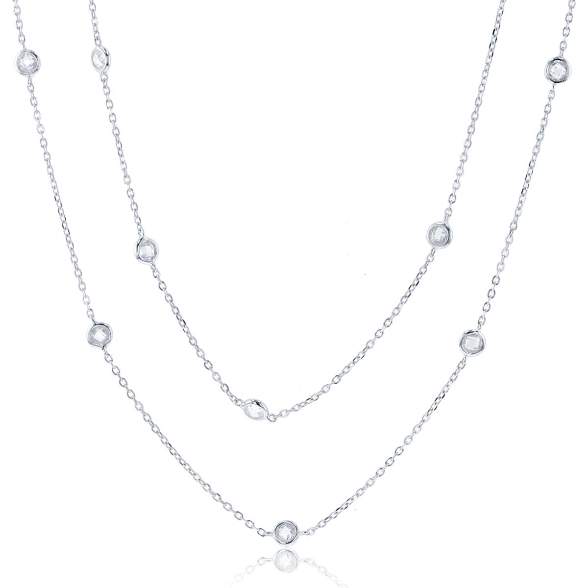 Sterling Silver Rhodium 4.00mm Rd CZ Bezel Stations 60" Necklace