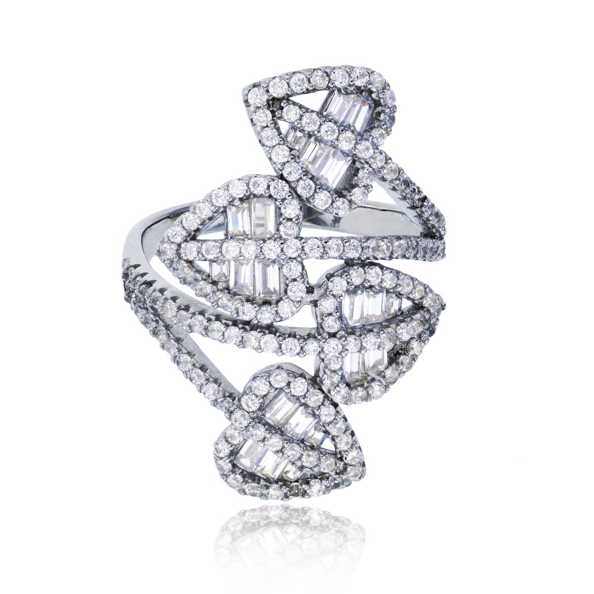 Sterling Silver Rhodium Pave Rd & Baguette CZ 4-Row Leaves Cocktail Fashion Ring