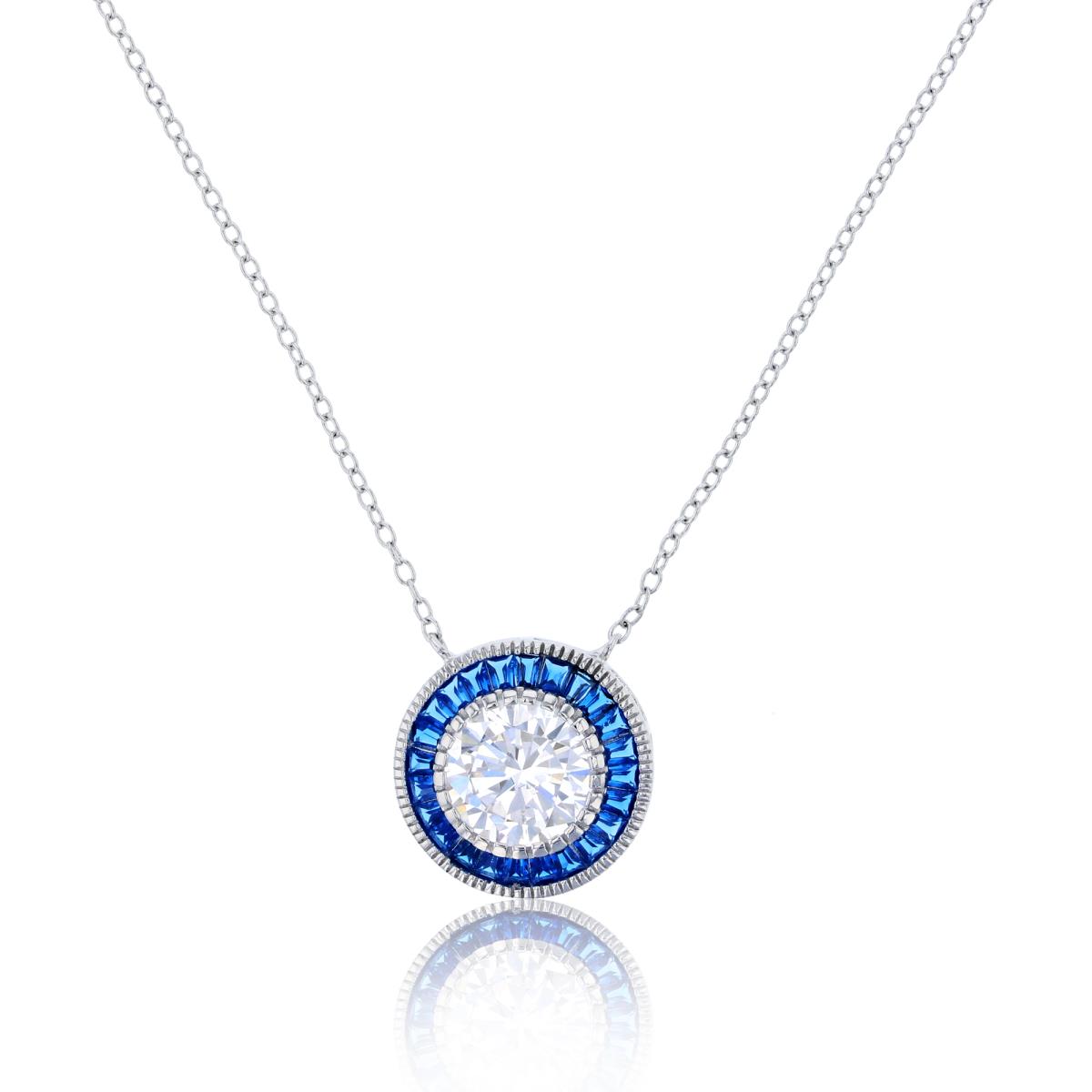 Sterling Silver Rhodium 8mm White Rd Cut CZ & Blue Spinel Baguette Circle 16"+2" Necklace
