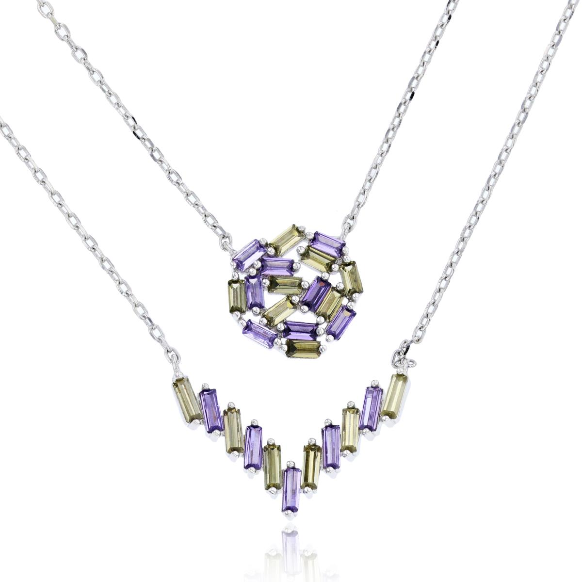 Sterling Silver Rhodium Peridot & Amethyst Baguette CZ Circle & "V" Shaped 16"+2" Double Layered Necklace