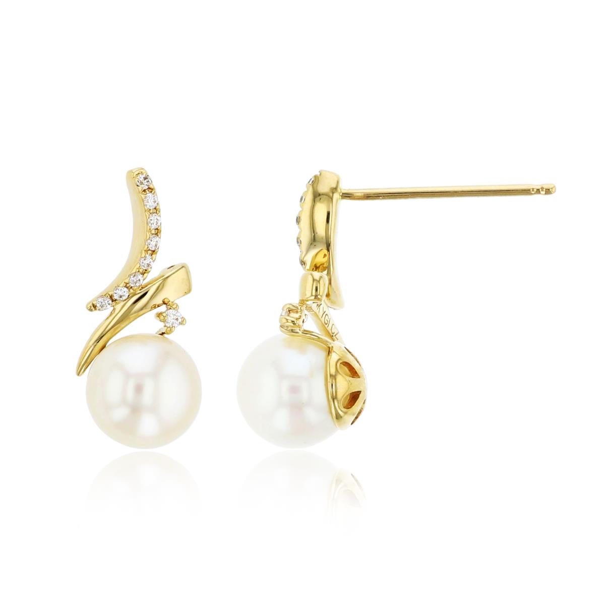 14K Yellow Gold 0.04 CTTW Rnd Diamonds & 6mm Rnd White Pearl  Earring
