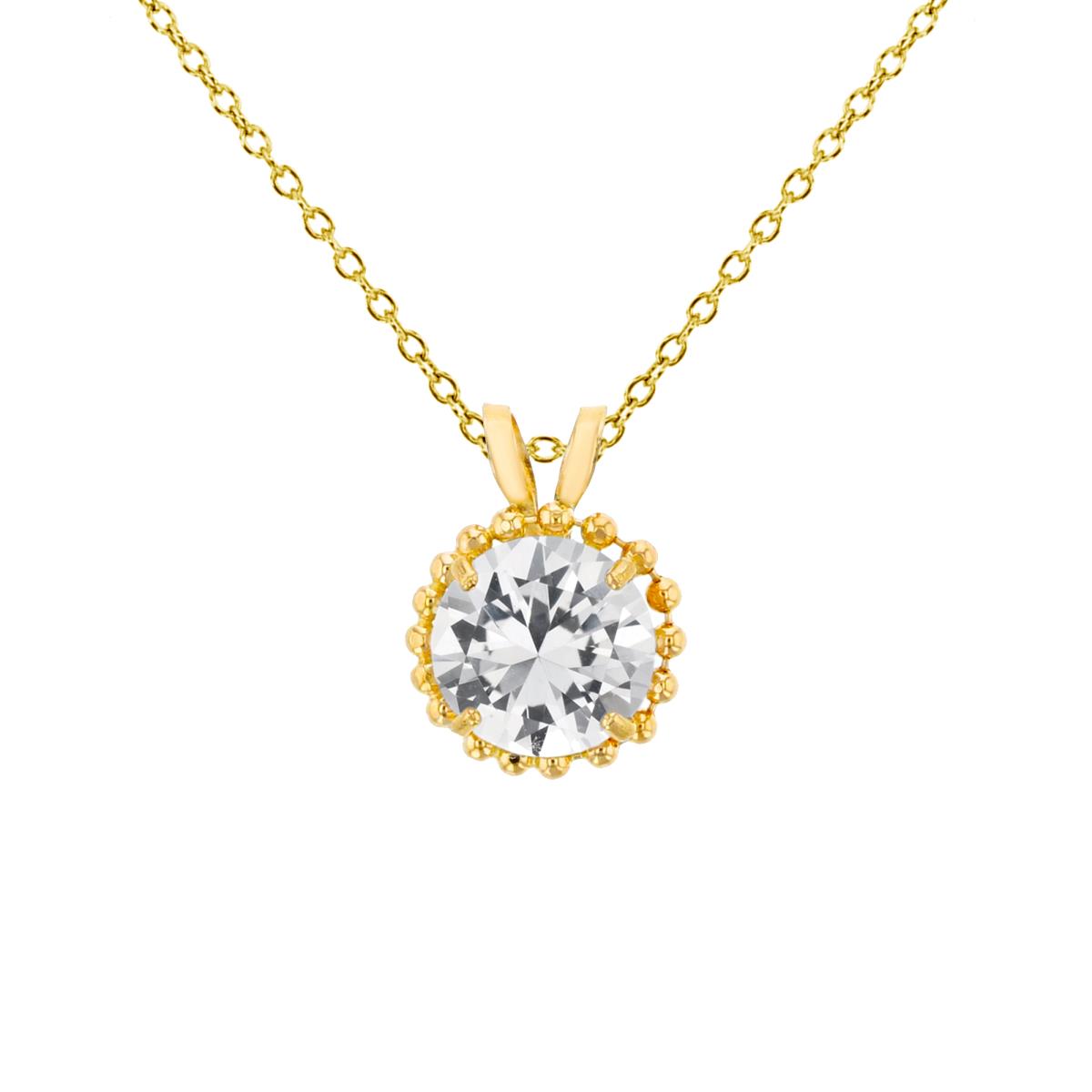 14K Yellow Gold 6mm Round Cut CZ with Bead Frame Rabbit Ear 18" Necklace