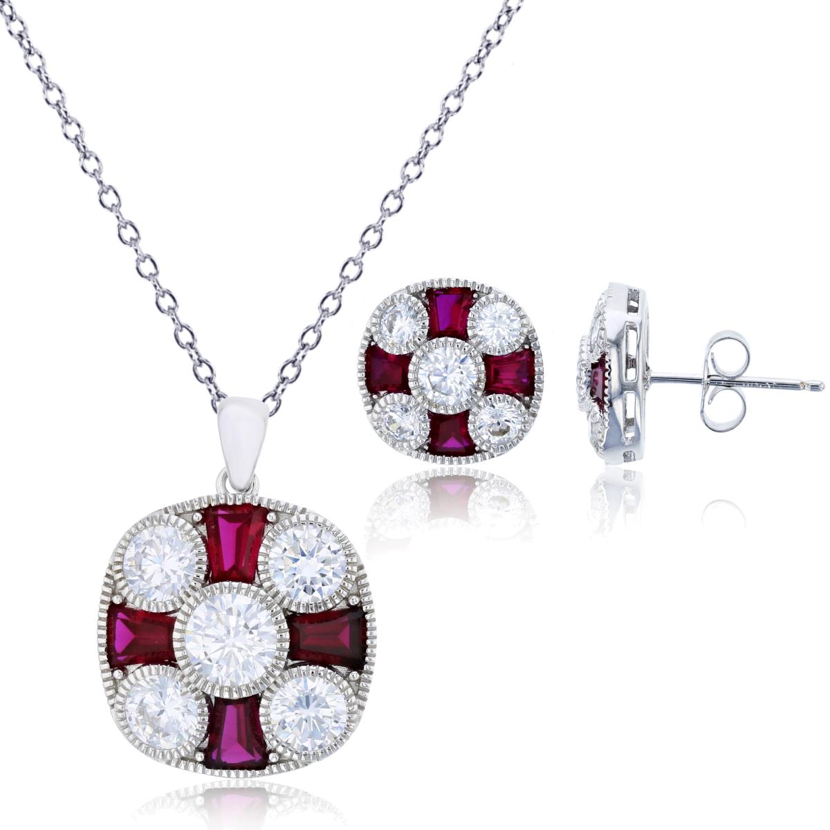 Sterling Silver Rhodium Ruby Bgt & White Rd CZ Wheel 18" Necklace & Earring Set