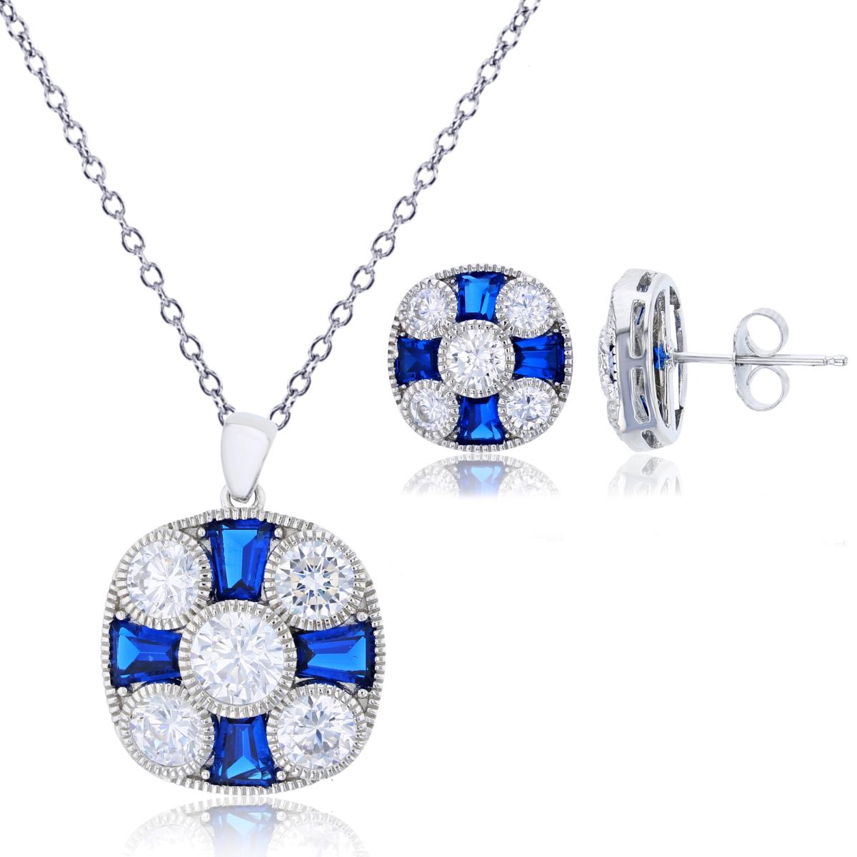 Sterling Silver Rhodium Sapphire Bgt & White Rd CZ Wheel 18" Necklace & Earring Set