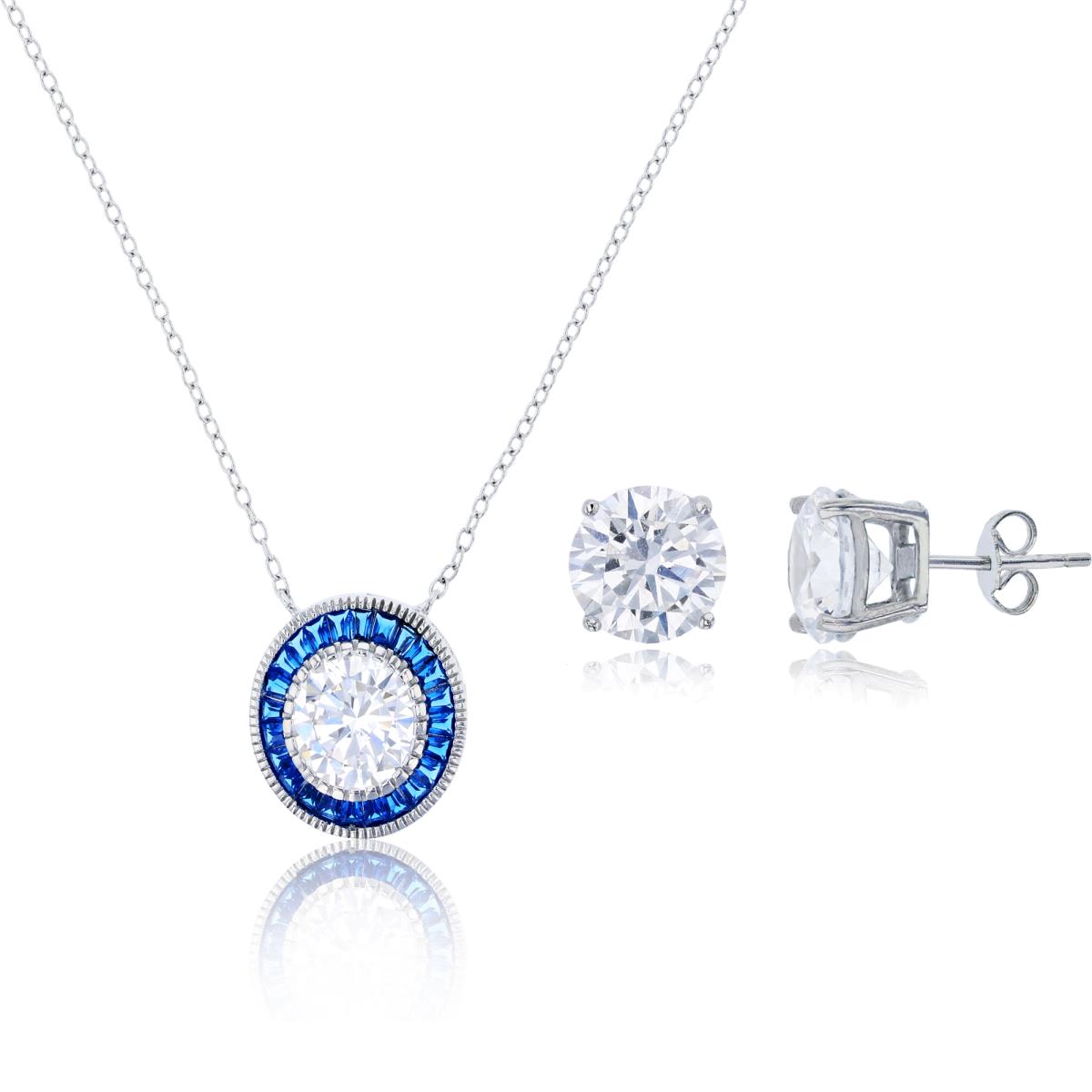 Sterling Silver Rhodium 8mm Rd & Blue Spinel Bgt Circle 16"+2" Necklace with 8mm Rd Solitaire Stud Earring Set 