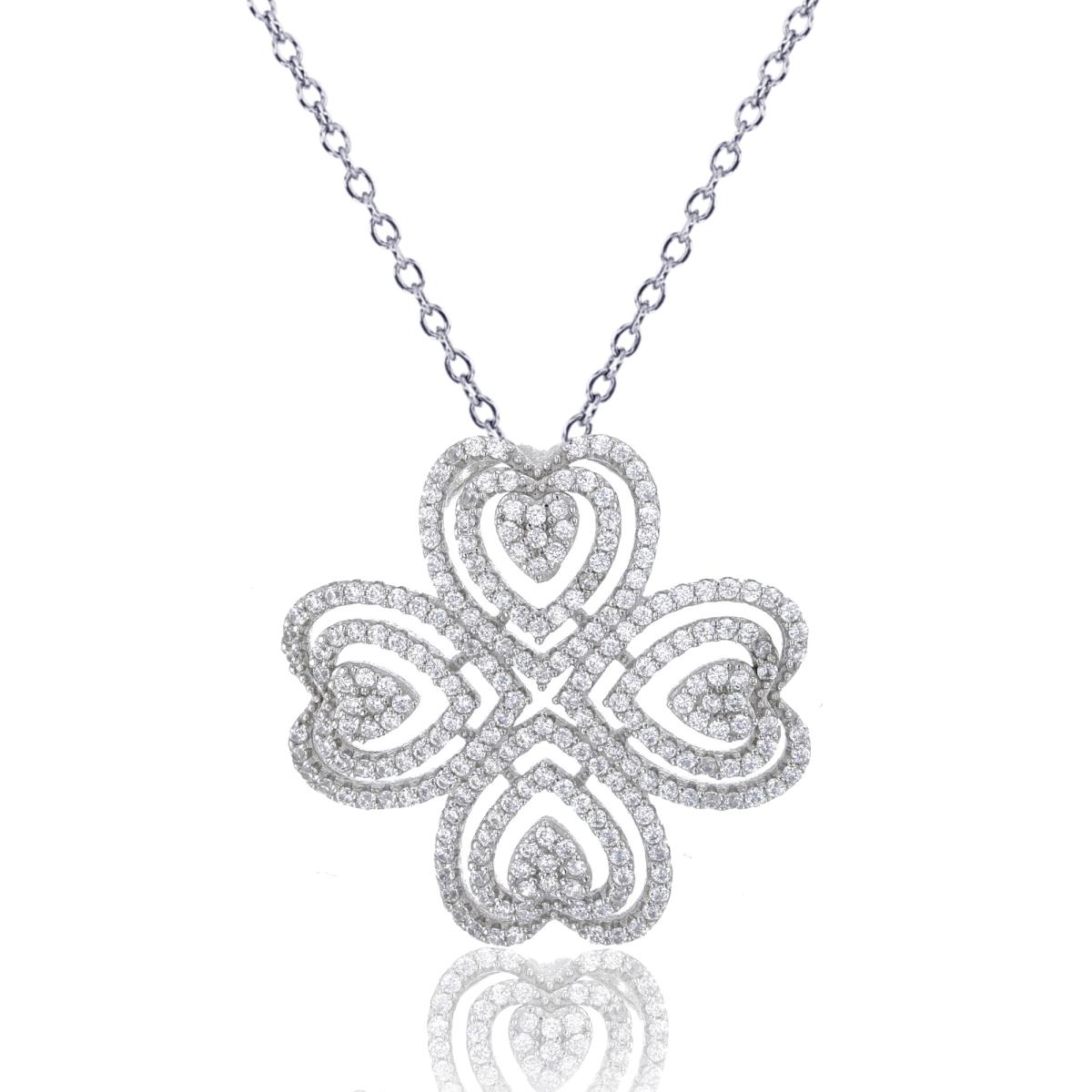 Sterling Silver Rhodium 28x28mm Micropave CZ Heart-Shaped Petals 18" Necklace