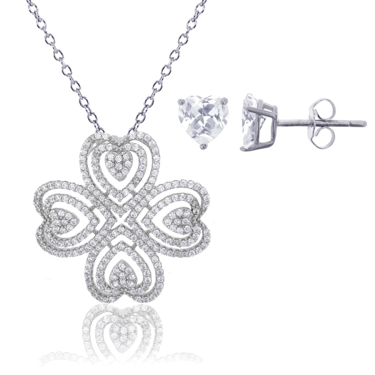 Sterling Silver Rhodium Micropave CZ Heart-Shaped Petals 18" Necklace & 8mm Hrt Solitare Stud Earring Set