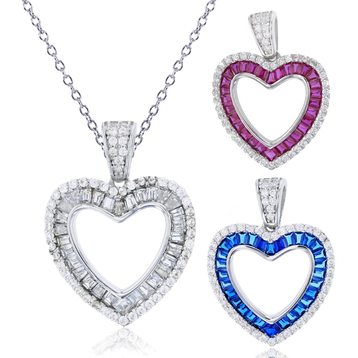 Sterling Silver Rhodium Micropave Rd with White, Sapphire & Ruby Baguette CZ Heart Set of 3 Pendant on 18" Rollo Chain