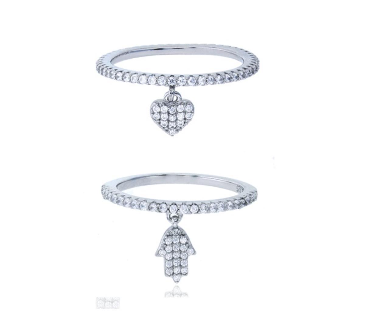 Sterling Silver Rhodium Micropave Dangling Heart & Hamsa Fashion Ring Set