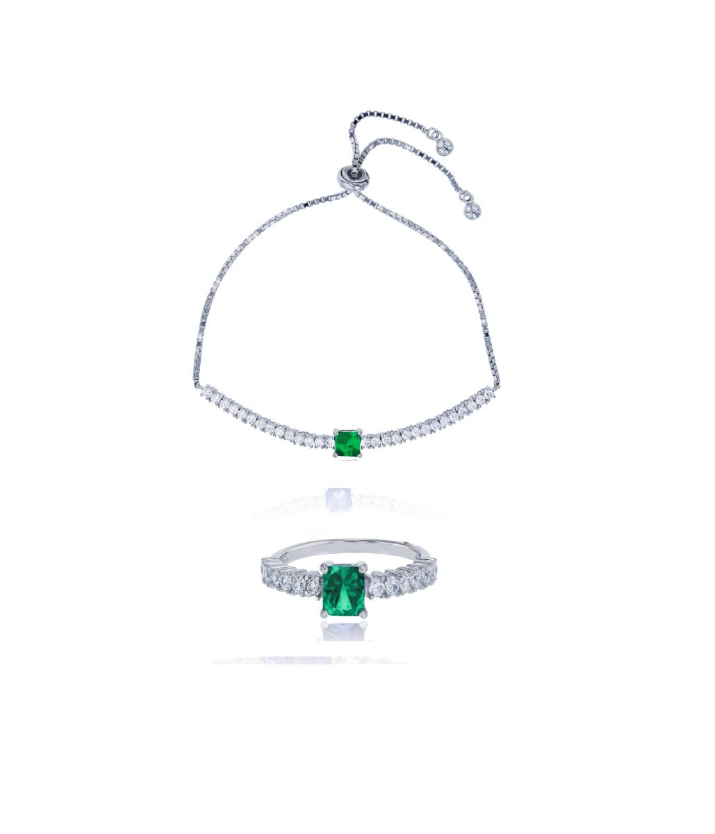 Sterling Silver Rhodium 5mm Green Princess Cut & White CZ Bracelet & Ring Set