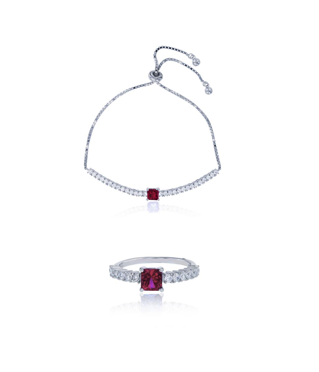 Sterling Silver Rhodium 5mm Ruby Princess Cut & White CZ Bracelet & Ring Set