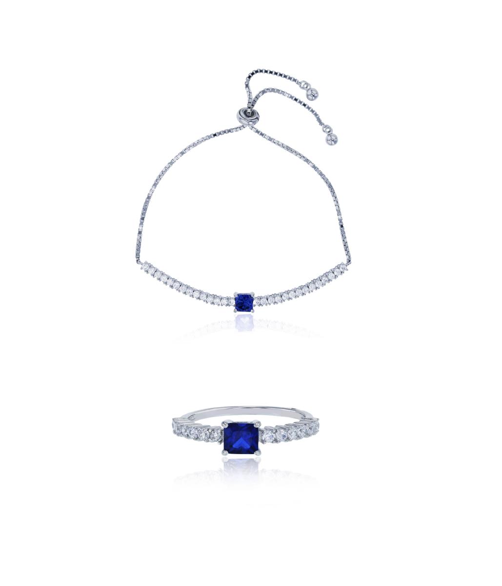 Sterling Silver Rhodium 5mm Blue Princess Cut & White CZ Bracelet & Ring Set