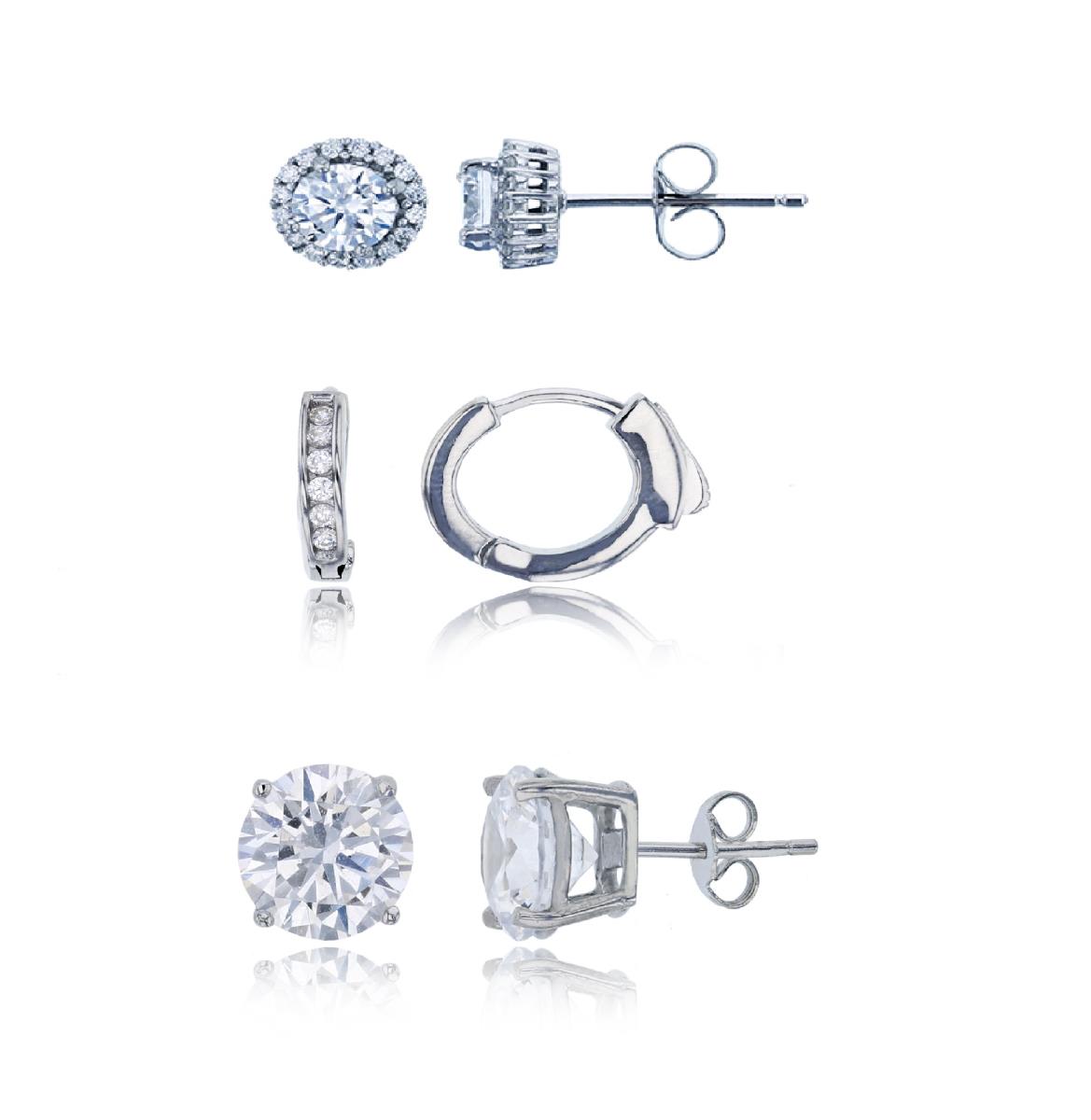 Sterling Silver Rhodium 12x3mm 1-Row Huggie, 8mm Rd Solitaire & 2.75mm Rd Halo Stud Earring Set