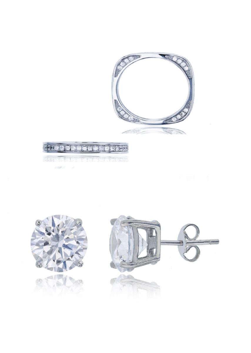 Sterling Silver Rhodium Micropave CZ Squared Ring & 8mm Rd Solitaire Stud Earring Set