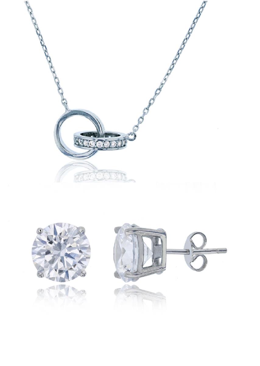 Sterling Silver Rhodium Micropave Dbl Interlocking Open Circle 17"+1" Necklace & 8mm Rd Solitaire Stud Earring Set